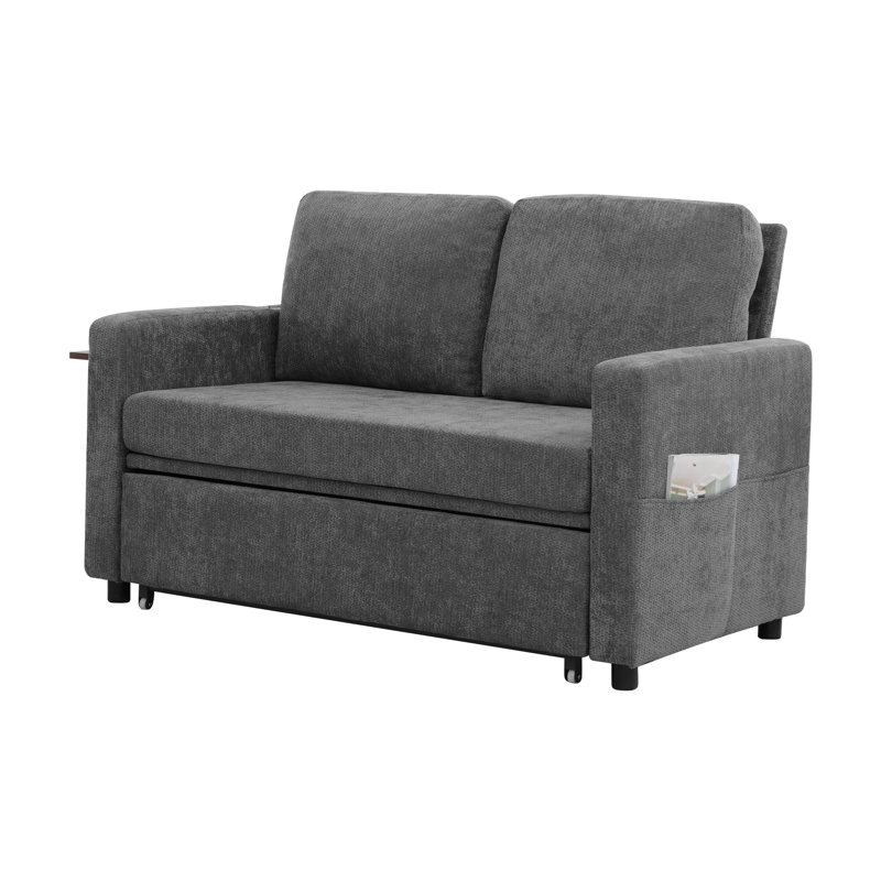 Upholstered Convertible Sleeper Sofa featuring USB Ports and Side Pocket, Dark Gray Linen