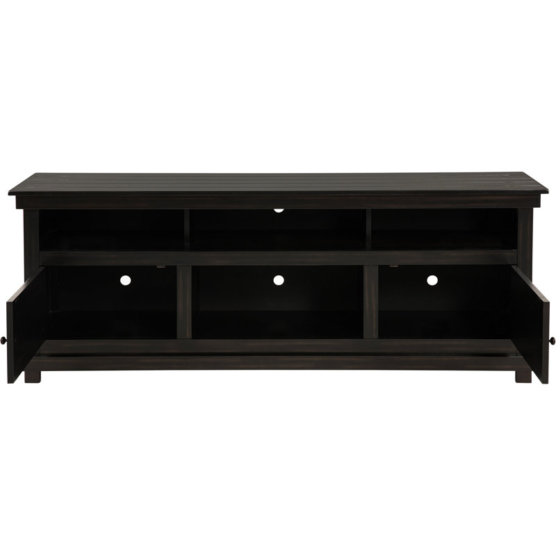 Meuble télé en pin élégant, 40,5 cm de large, quatre compartiments et deux espaces dissimulés pour ranger vos appareils multimédias. Compatible avec les téléviseurs à écran plat de 70 à 79 pouces. Six accessoires inclus.