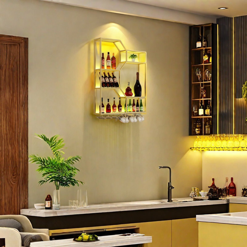 Creative Multifunctional Wall Mounted Wine Rack, 47.2" H x 47.2" W x 7.8" D, Gold