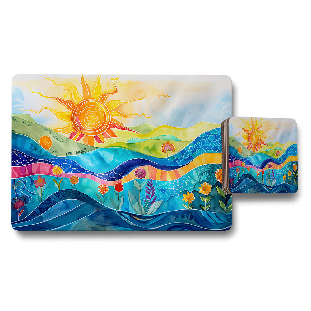 Vibrant Sun Ocean Landscape Placemat And Coaster Set