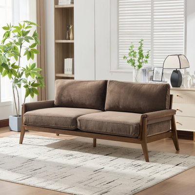 Mid-Century Modern Velvet 3-Seater Sofa – Solid Wood Frame, Plush Cushions, Elegant Living Room Couch, Dark Brown