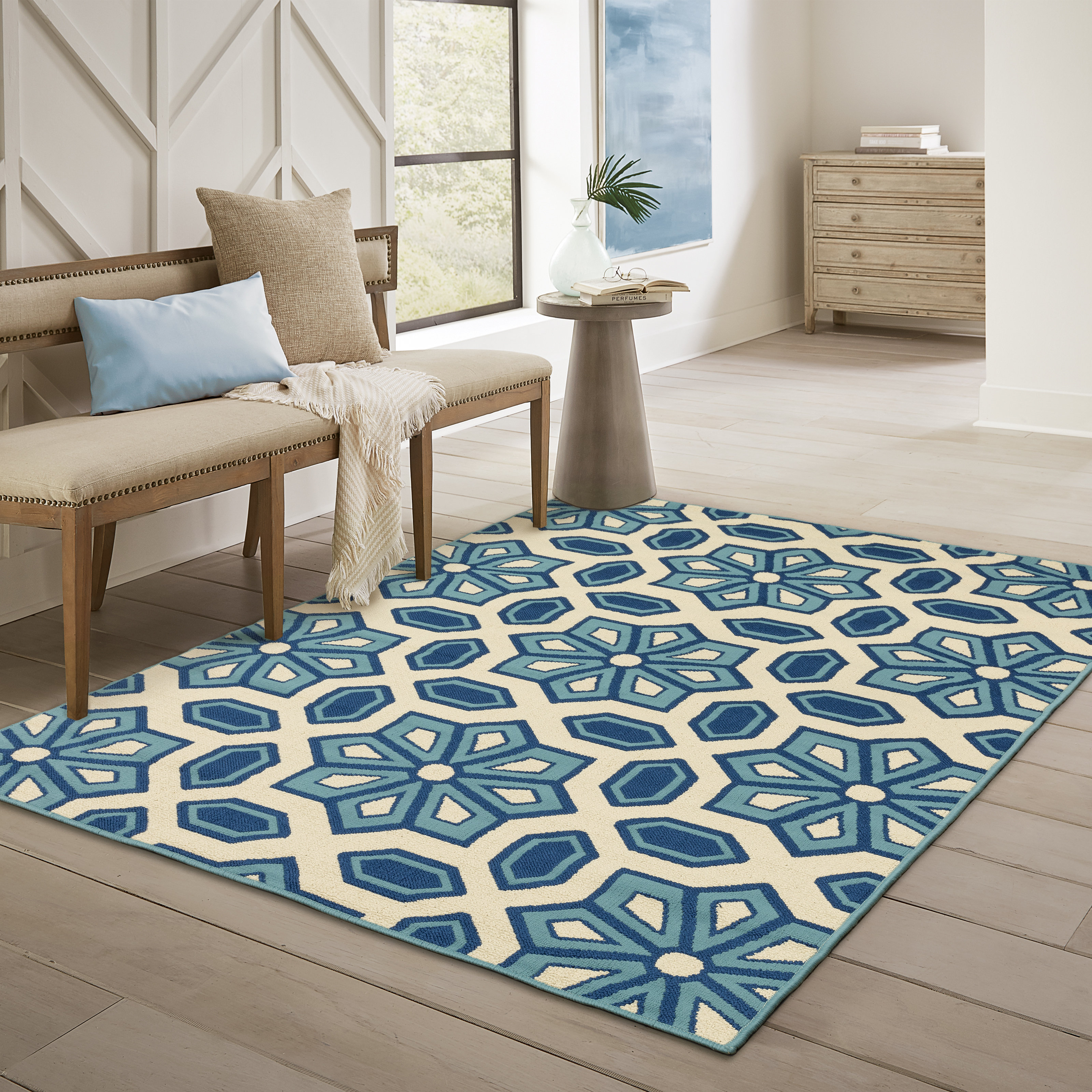Lark Manor™ Riordan Geometric Ivory/Blue Indoor / Outdoor Area Rug ...