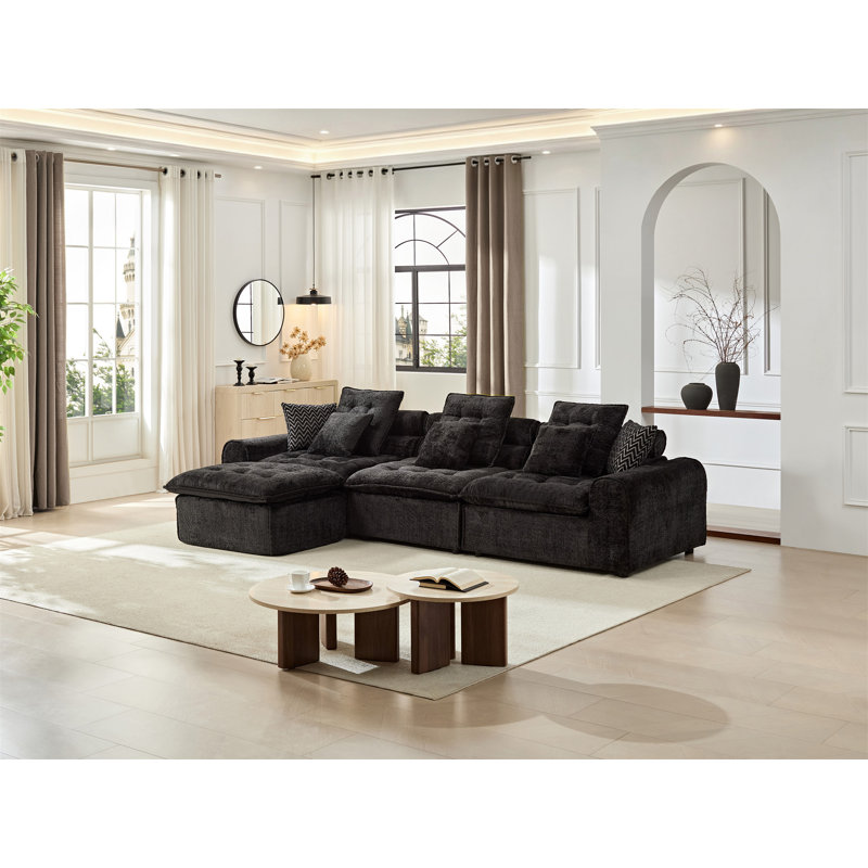 Canapé de coin en laine d'agneau noire moelleuse de 129,8 pouces, Bouclé noir, H 30,3 po x l 129,8 po x P 72,4 po