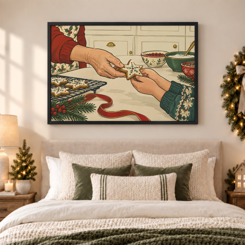 Decorating Star Shaped Cookies in Holiday Kitchen Christmas Canvas Wall Art, H 12 po x l 18 po