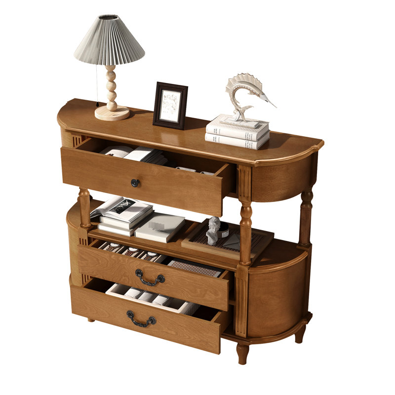 Console rétro en bois courbé, 109 cm (43 po) pour entrée de salon, brune, 3 tiroirs, pieds solides, étagère ouverte, style roman, préassemblée, grand espace de rangement, installation facile de 109 cm (43 po) derrière un canapé.