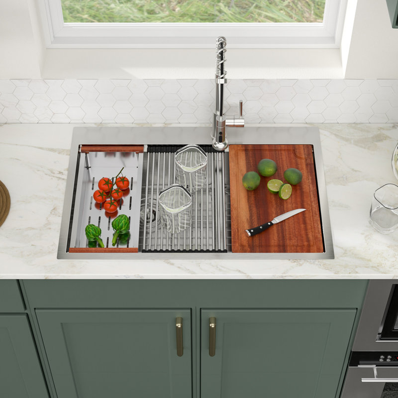 33" L x 22" W Drop In Double Bowl Kitchen Sink Workstation Low-Divide 60/40 Stainless Steel Sink