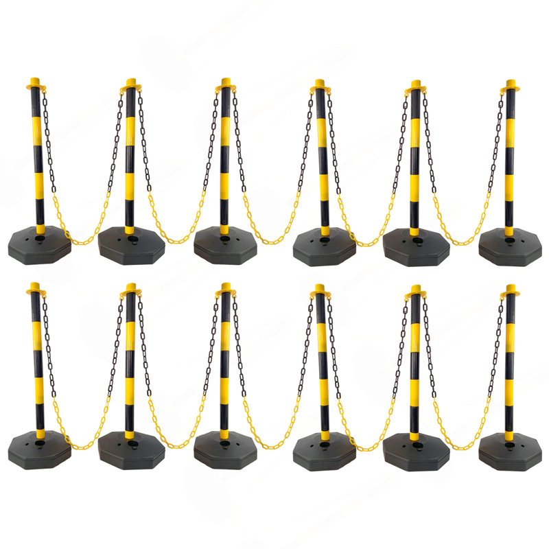 Paquet de 12 cônes de poteau de circulation avec base remplissable, barrière de sécurité en plastique réglable avec chaîne en plastique de 5 pi, support extérieur et intérieur pour contrôle de la circulation et avertissement Y / B