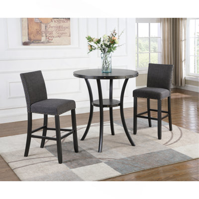Biony 3-Piece 36" Round Espresso Finish Bar Table With 2 Fabric Nail Head Pub Chairs