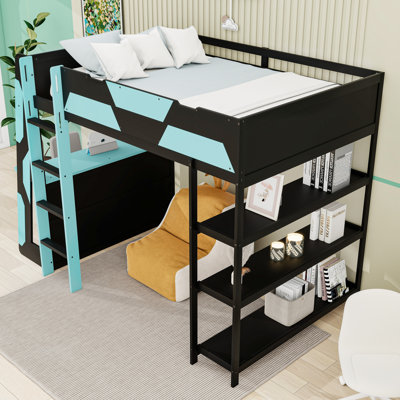 Full Size Gaming Loft Bed with Side-Mounted Desk and Storage Shelves