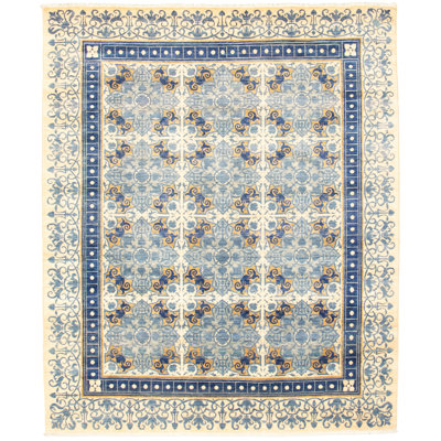 Ecarpetgallery Lahore Finest Orientation Hand-knotted Wool Area Rug In Ivory/khaki/navy Blue In Ivory,khaki,navy Blue