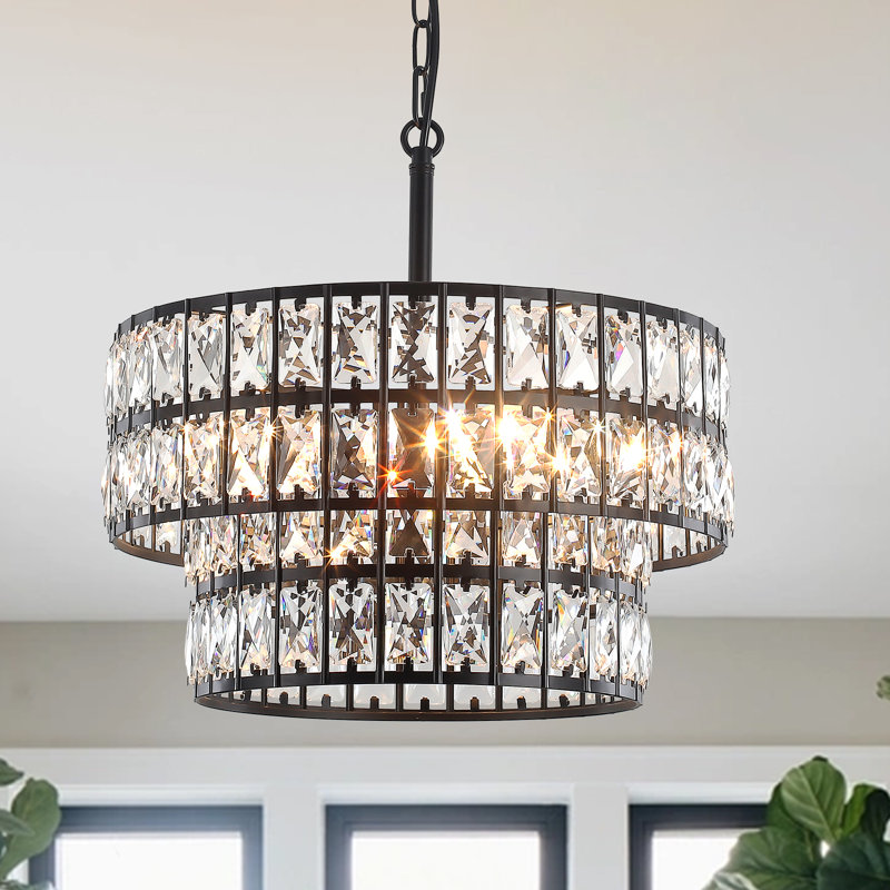 Modern 2-Tier Black Drum K9 Crystal Chandelier, Chrome