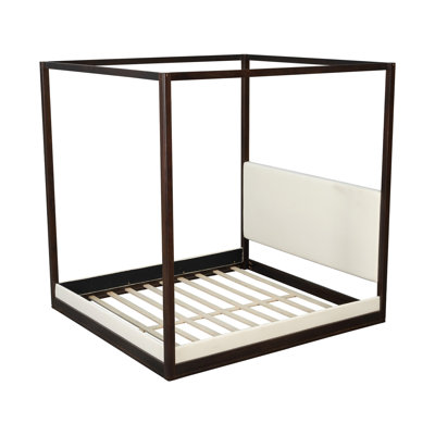 Lit plateforme à baldaquin en bois de très grande taille avec tête de lit tapissier, structure espresso et tissu blanc