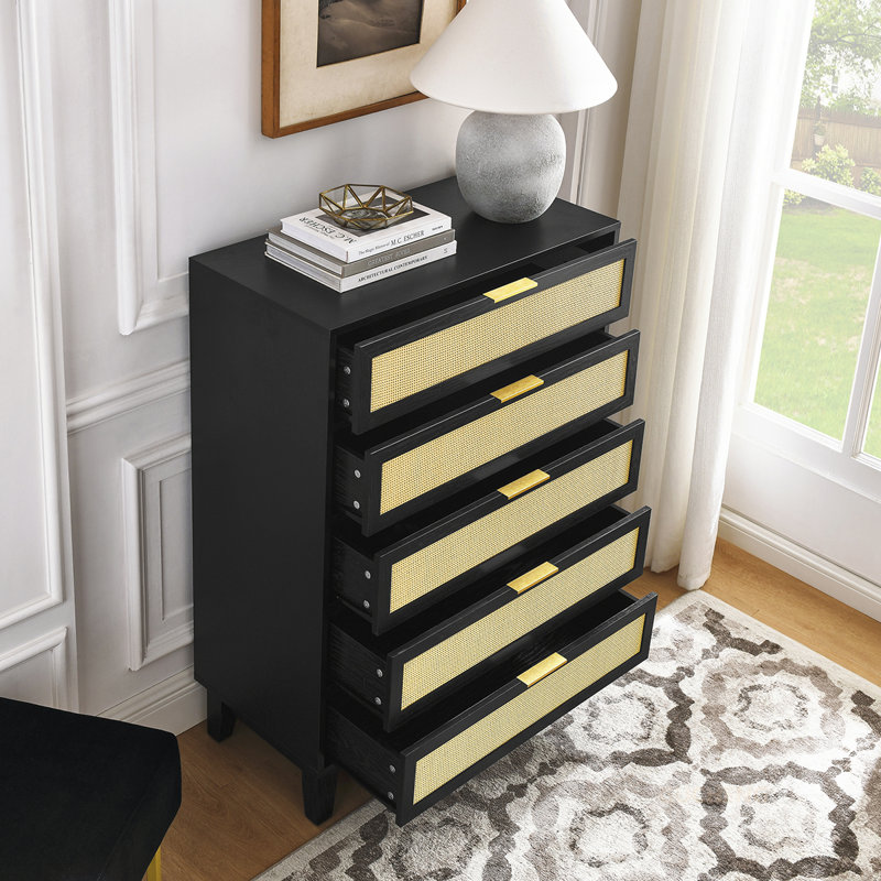 Commode moderne en rotin à 5 tiroirs pour pièces polyvalentes, Noir