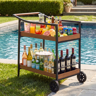 Bar Cart with Wheels, 2-Tier Rolling Beverage Cart with Wine Rack, Weather-Resistant Wood Grain Metal Home Serving Cart