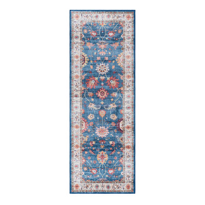 Samira Cullen Machine Washable Floral Border Navy Blue Beige Multi Indoor Area Rug, Transitional Flat Pile for Living Room & Bedroom - Blue/Tan