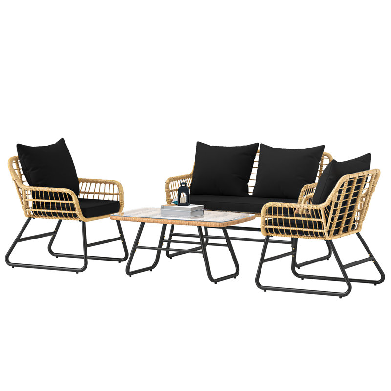 4PCS Rattan Patio Furniture Set - Black Bayou Breeze Outdoor Loveseat Sofa & Chairs Collection