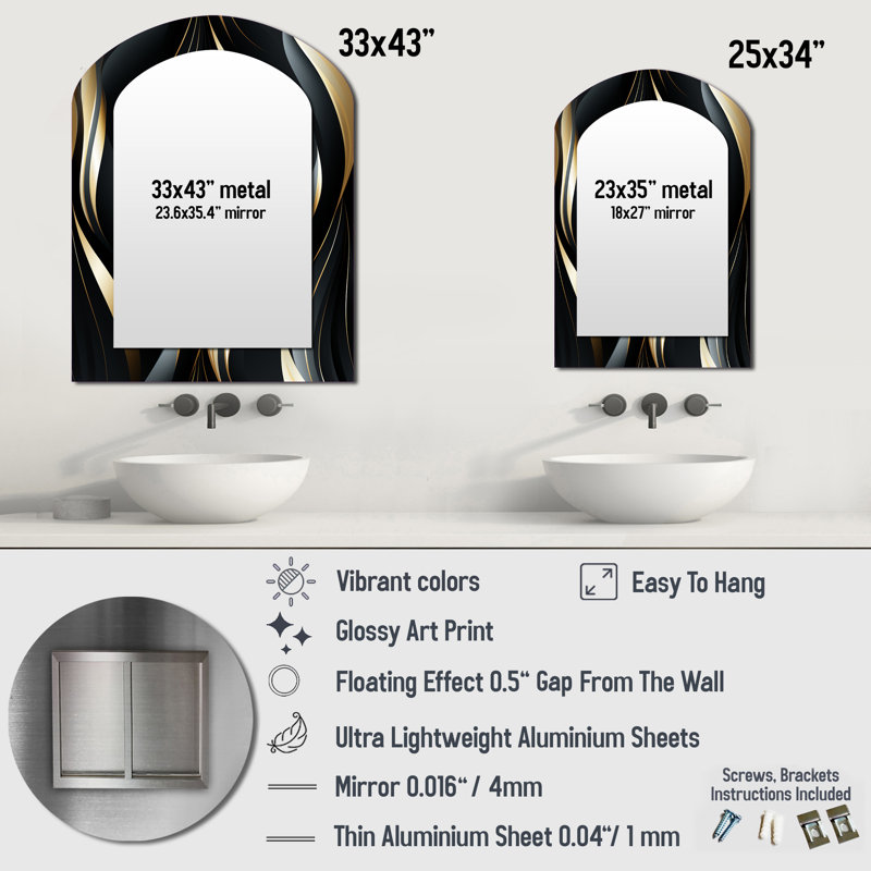 Deep Black And Gold Elegance - Glam Asymmetrical Decorative Wall Mirror, Modern Arch Mirror, Printed Metal Art, 34" x 25"