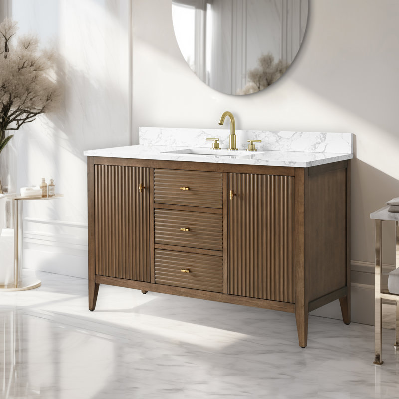 Meuble-lavabo simple 48 po avec plateau en marbre, Doré brossé, Noyer linéaire