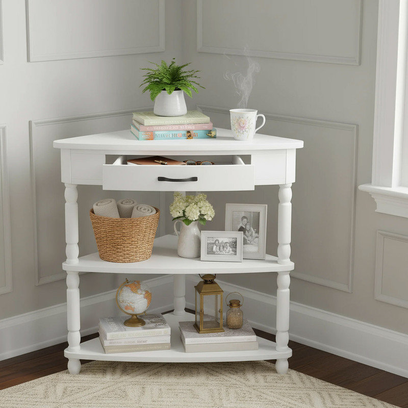Table d'appoint d'angle en bois à 3 niveaux avec tiroir et tablettes ouvertes, Blanc lait