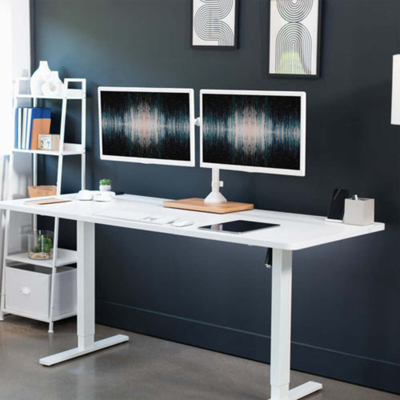 Support réglable Vivo pour deux écrans avec base en bois, Blanc / beige