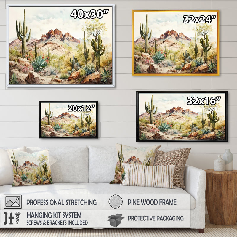 Arizona désert III - art mural occidental, Reproduction avec cadre flottant, H 24 po x l 32 po, Doré