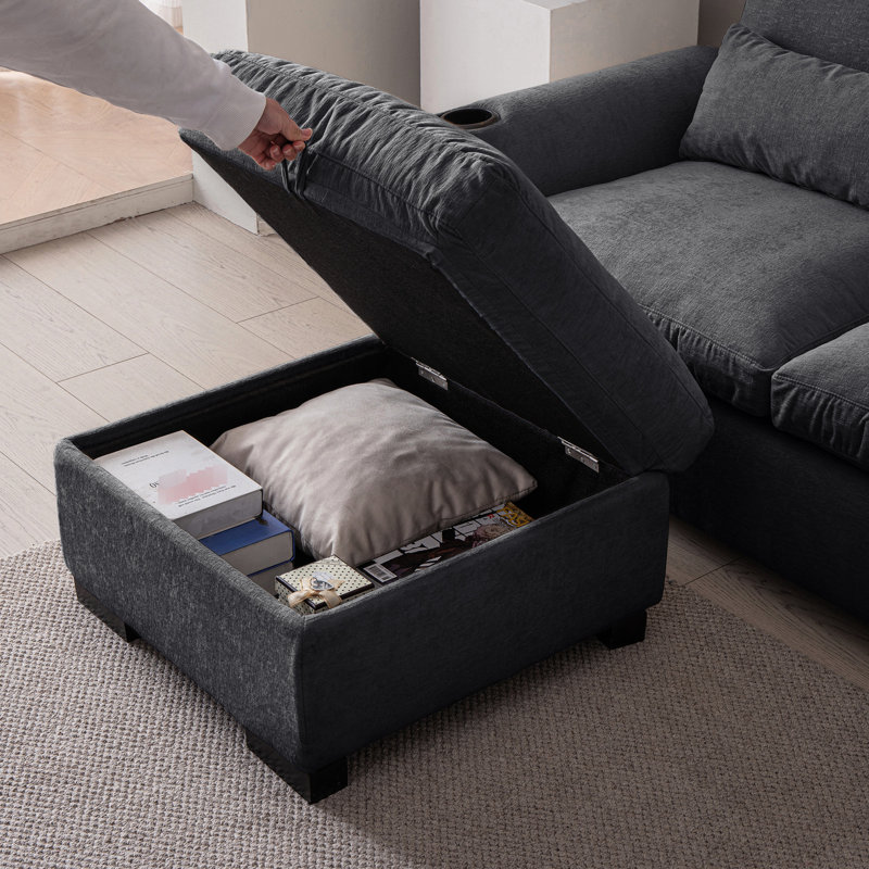 Chenille 114,5 po avec canapé réversible, porte-gobelet et coussins gris foncé et fabrication solide, Gris foncé