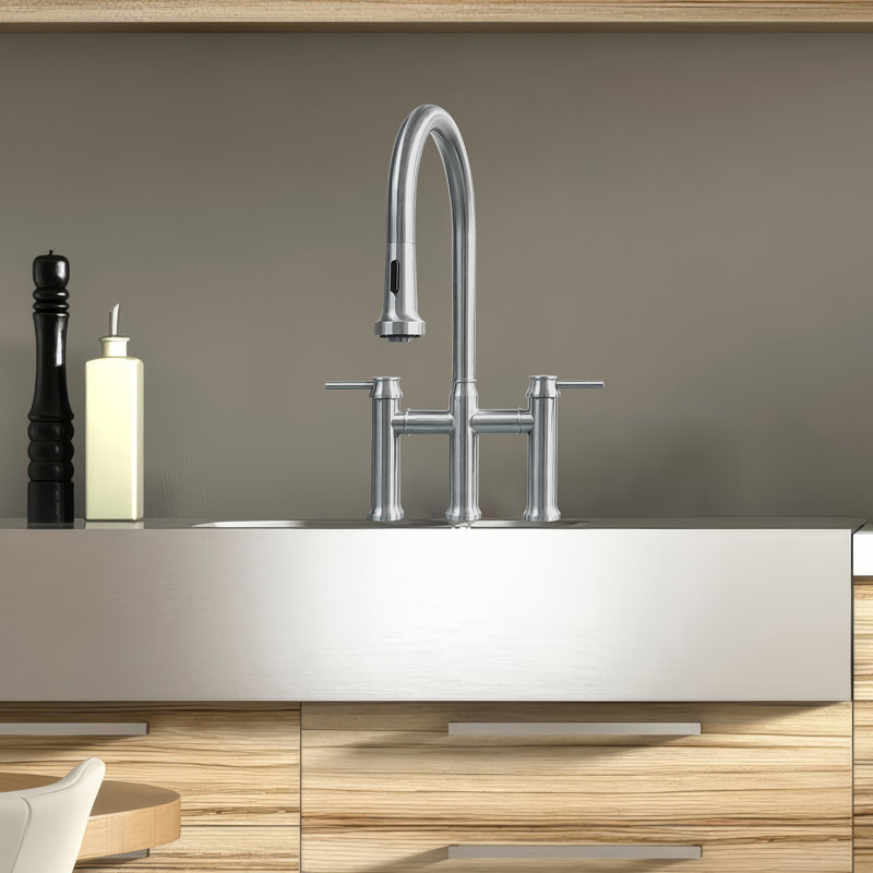 Whitehaus Collection Solid Stainless Steel Dual Lever Gooseneck Bridge Kitchen Faucet with Pull-down Spray Head