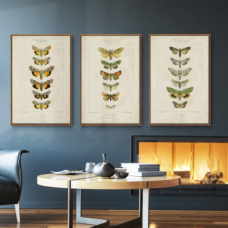 Ensemble de 3 papillons encadrés sur toile,, H 36 po x l 72 po, Noyer