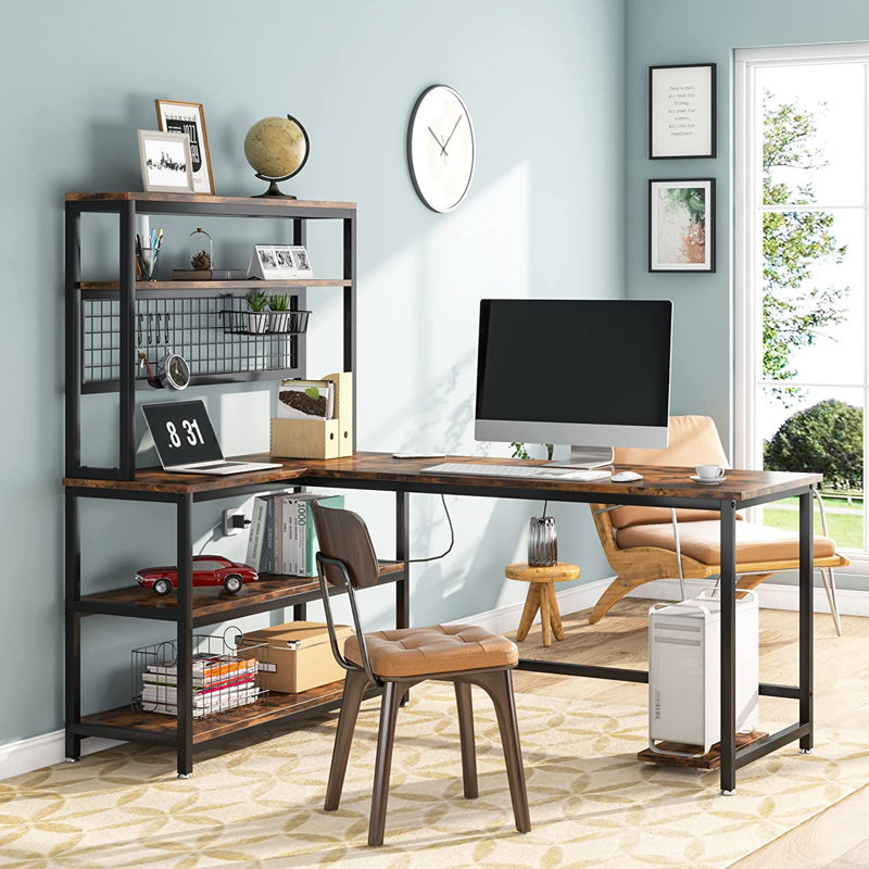 Plovdiv 55" Large Computer Desk L-Shaped Desk with Wireless Charging and Bookshelf for Home Office, Brown/Black