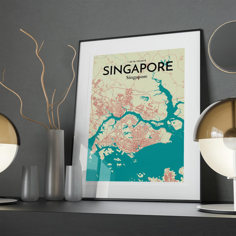 Singapore City Map In Tricolour - No Frame Print, 27.6cm H x 19.7cm W x 0.05cm D
