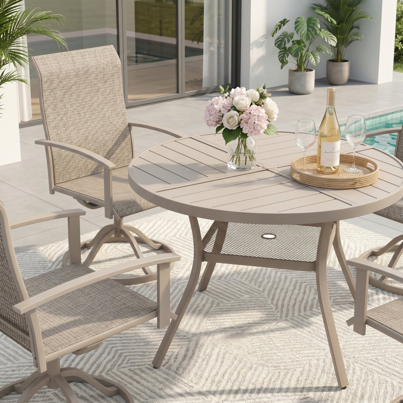 4-Person Round Patio Dining Set With Swivel PVC-Coated Polyester Chairs, Sandshell