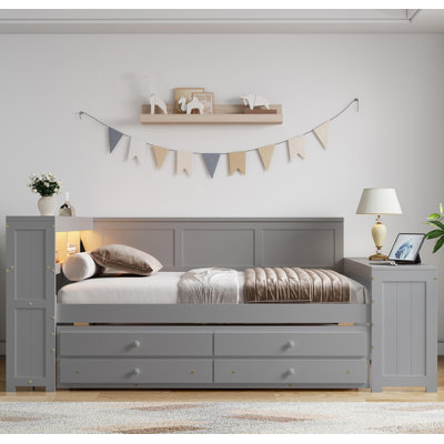 Full Size Daybed With Storage Shelves,Drawers,Trundle,Charging Station,LED Light,Desk And Cabinet,Gray