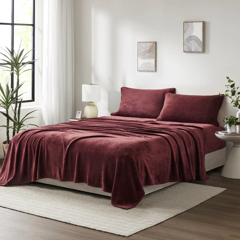 Drap simple 3 pièces, bourgogne, doux et chaud, 100%, brossé deux fois, aspect velours soyeux, drap plat, taie d'oreiller ajustée, drap pour matelas de 16 po, lavable à la machine, texture douce et luxueuse,