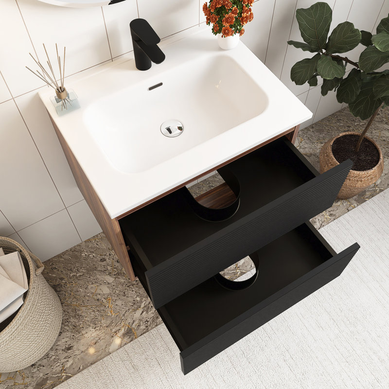 24" Wall Mounted Bathroom Vanity With Integrated Ceramic Sink, Black/Brown