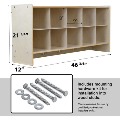Cubby Storage Organizer with 10 Cubbies & Coat Hooks 