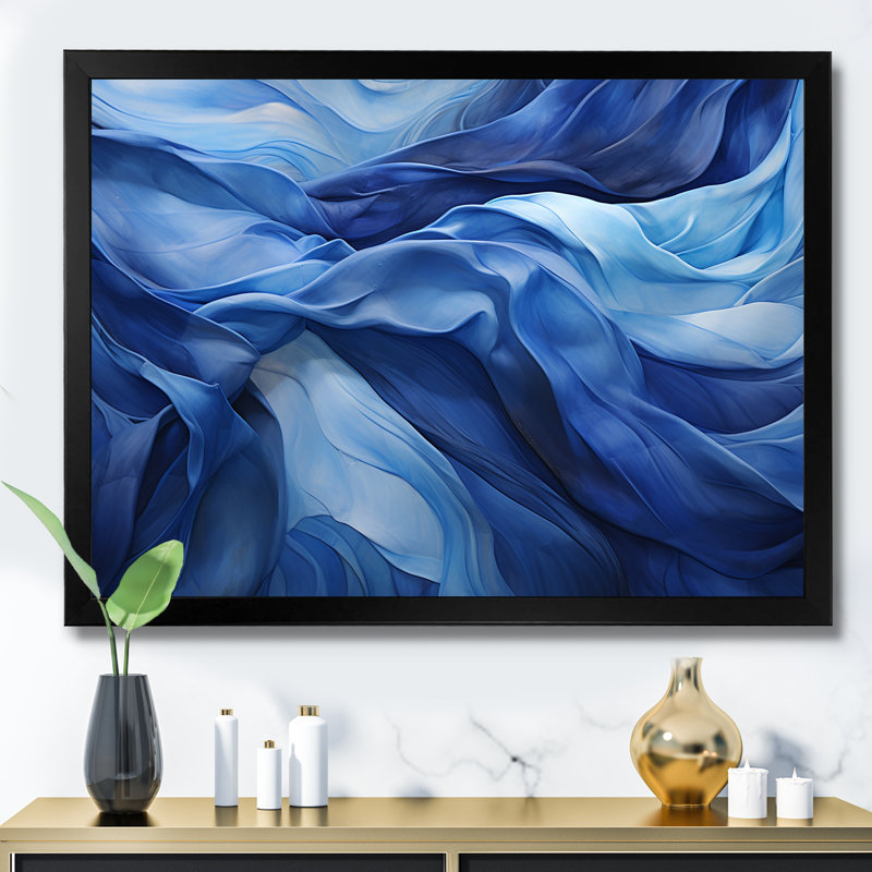 «Blue Emotional Tachisme Waves 3 - Tachisme», art mural, Cadre d'angle fermé noir, H 16 po x l 32 po x P 1 po