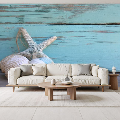 Papier peint pelez et collez Étoile de mer coquille bleu sarcelle Nature coquillages pêche Filets muraux en bois vieilli H 69 po x l 96 po amovible Papier mural en PVC auto-adhésif pour le salon de la chambre Bureau à domicile