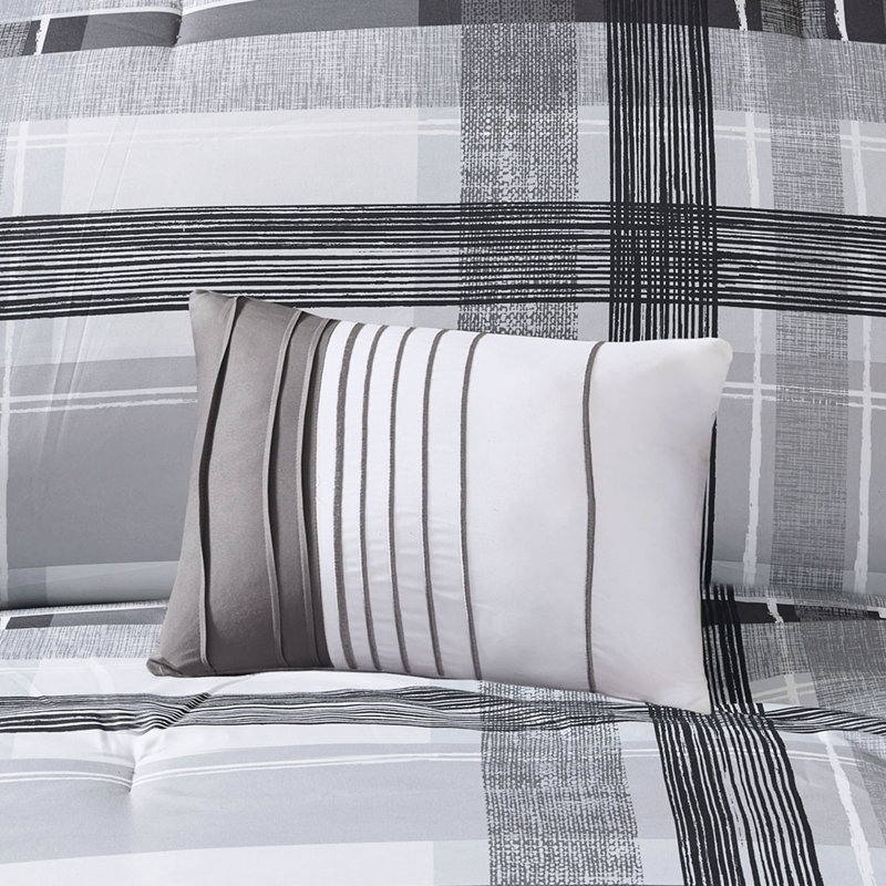 Édredon double / grand écossais - Literie moderne en édredon noir et gris foncé, taies décoratives, ensemble 2 coussins avec collection
