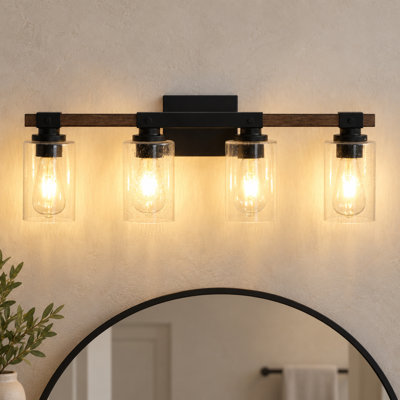 Luminaire pour meuble-lavabo élégant en verre bullé de style grain de bois à 4 lumières