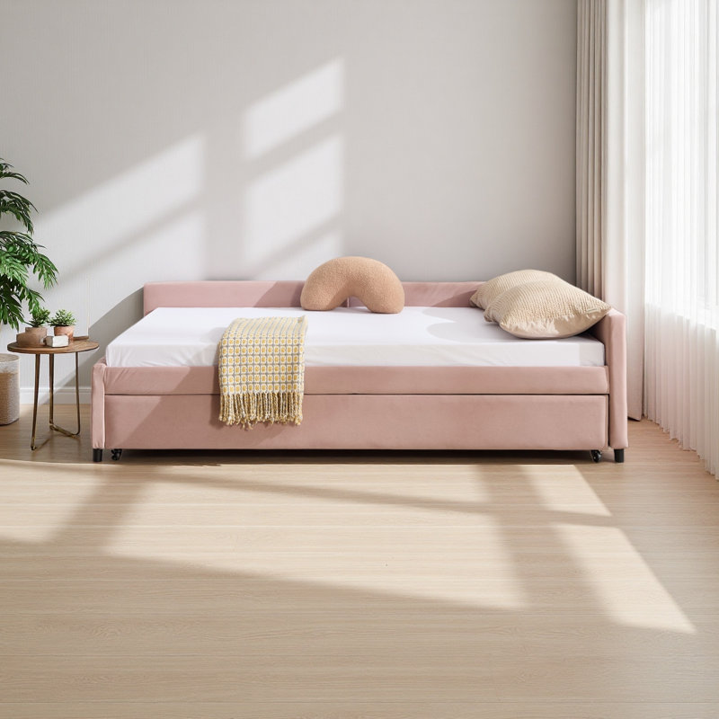Upholstered Daybed With Trundle,Sturdy Wooden Bed Frame, Modern Diamond Grid Design,For Bedroom, Guest Room, Pink