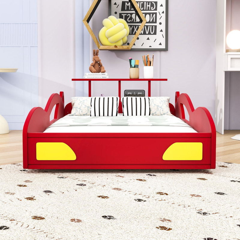 Lit plateforme simple en forme de voiture avec lattes, Rouge jaune