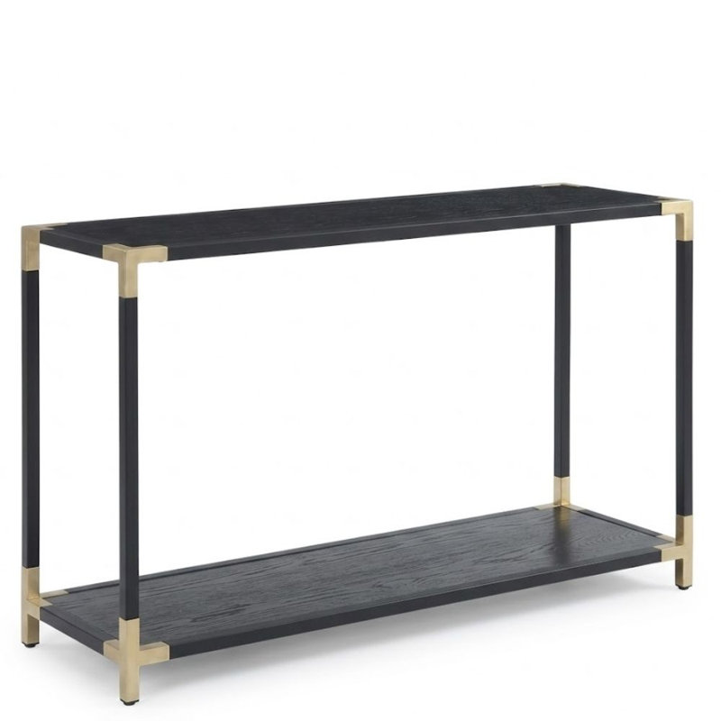 Sereia 48 In. Black Rectangular Wood Console Table With Gold Corner Accents And Shelf