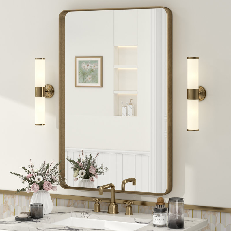Miroir de salle de bain mural en verre trempé et métal Molly, 36 po x 24 po, Bronze, Rectangle(Rounded Corner)