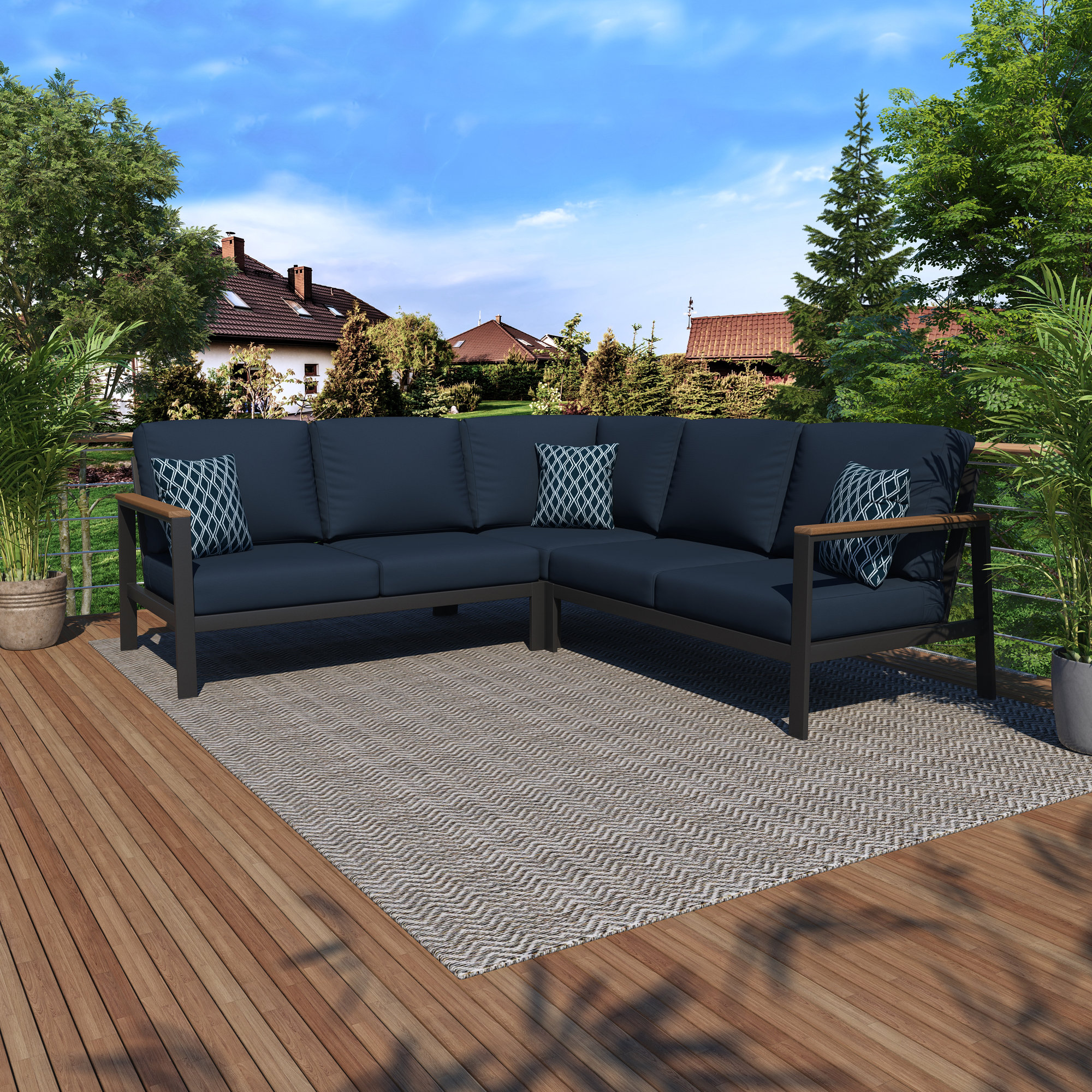 Townsend Outdoor 5 Person Sectional Seating Group With Sunbrella Cushions, Canvas Navy Sunbrella® Canvas