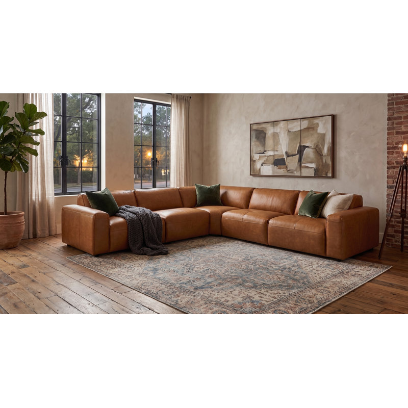 Fernagh Top Grain Leather Corner Sectional Saddle, Brown Genuine Leather