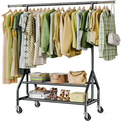 Portant à vêtements avec 2 tablettes, support à vêtements robuste pouvant supporter 450 lb, vêtements suspendus sur roulettes en métal avec roues et tablettes robustes