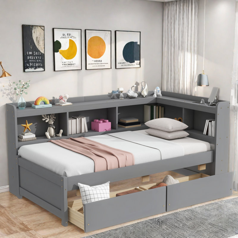 L-shaped Daybed With Bookcases, Charging Station And Two Drawers, Twin, Gray