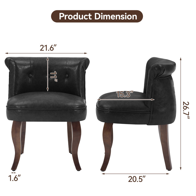 Chaise de coiffeuse capitonnée en cuir avec pieds en bois massif, Black Leather