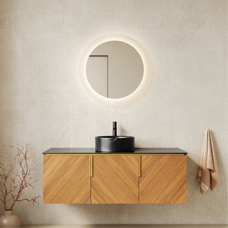 Meuble-lavabo de salle de bain avec lavabo rond en céramique, armoire de rangement murale en contreplaqué avec portes
