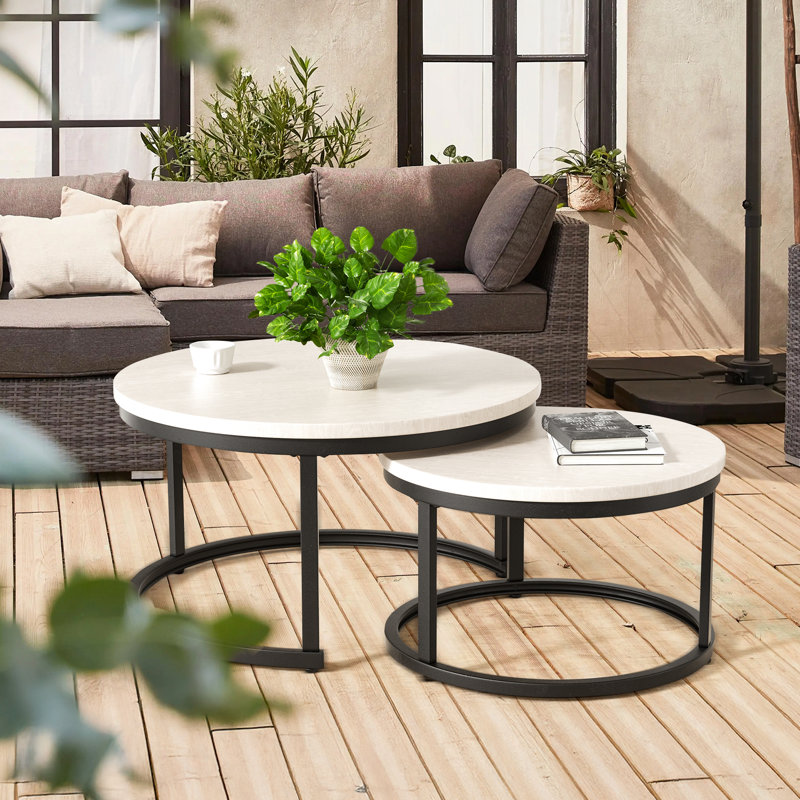 2in1 Round Coffee Table Set Modern Nesting Style End Table, Light Grey